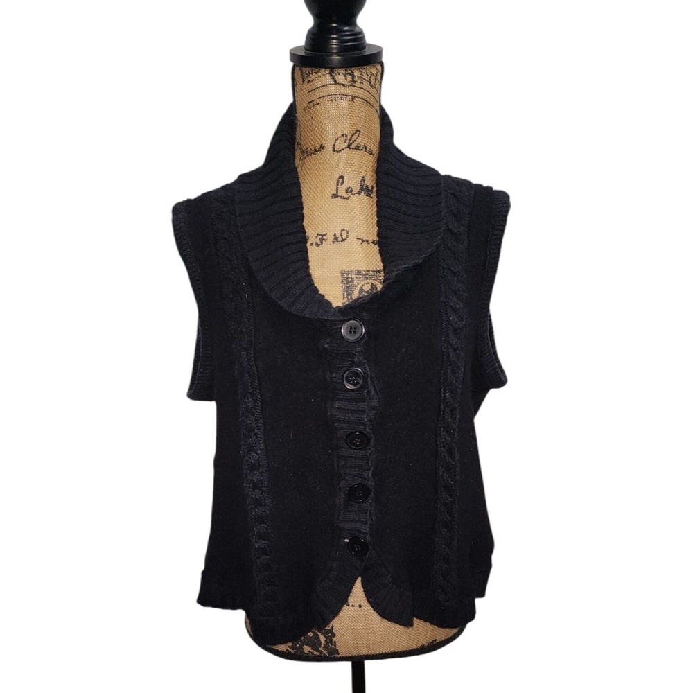 Alfred Dunner Sweater Vest Cable Knit Button Front Wool Blend Black 1X